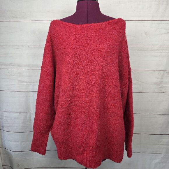 Free People Sweater Womens Small Red Boucle Knit Boat Neck Oversized Pullover - Picture 1 of 16